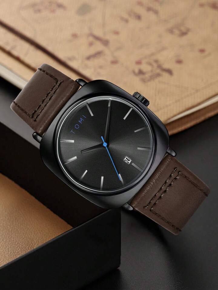 TOMI Classic Black Dial with Brown Leather Strap