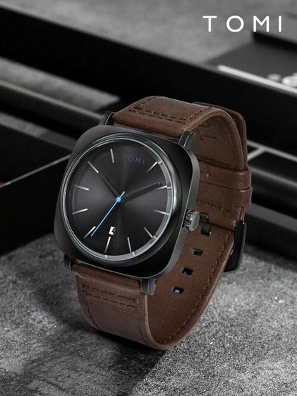 TOMI Classic Black Dial with Brown Leather Strap
