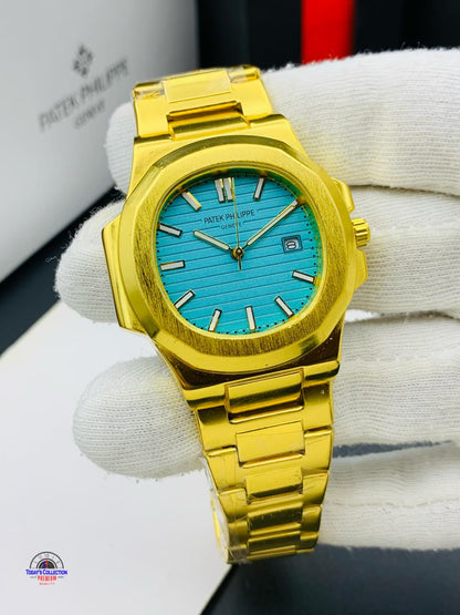Hourly Gold Stainless Steel Watch with Turquoise Dial