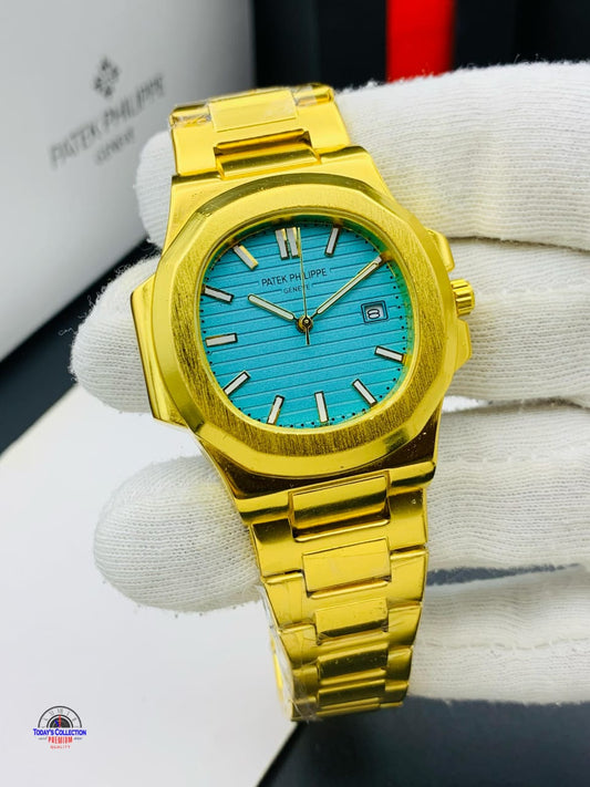 Hourly Gold Stainless Steel Watch with Turquoise Dial