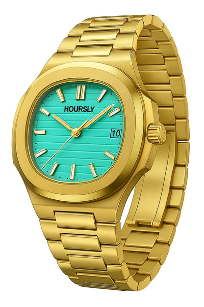 Hourly Gold Stainless Steel Watch with Turquoise Dial